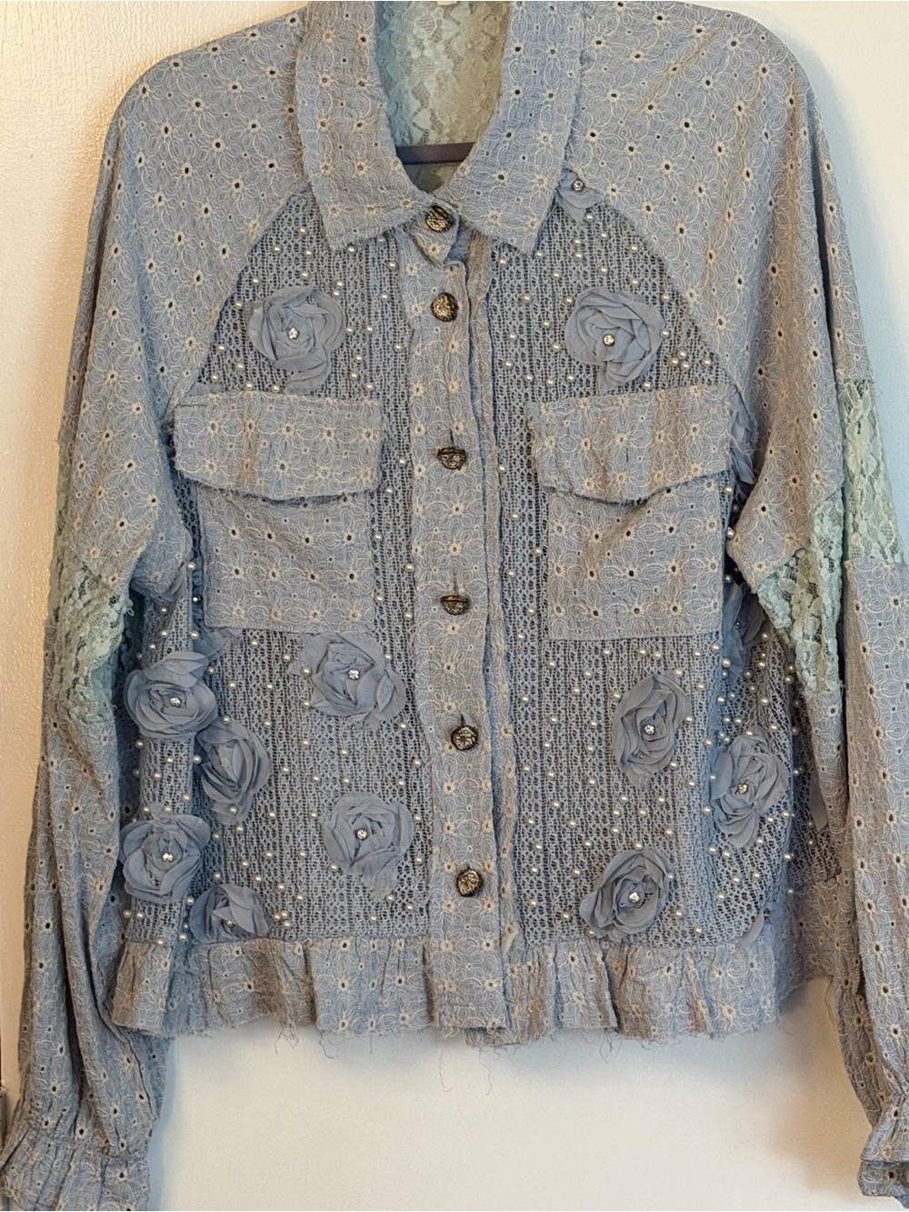 POL Vintage Style Balloon Sleeve Jacket Top – Lace Patch & Vintage Wash Sz M - Picture 2 of 7